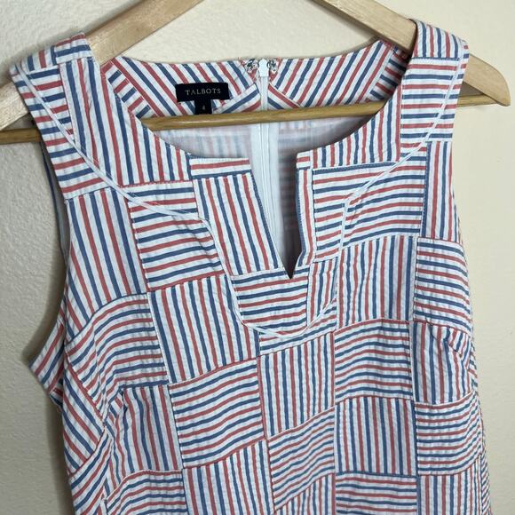 Talbots Red Blue Seersucker Patchwork Sleeveless Shift Dress 4 - Picture 3 of 12